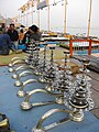 Lamps in preparation for evening aarti, at Ganges Ghat, Varanasi.