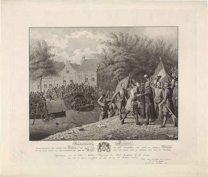 File:Boisot omhelst burgemeester van der Werff tijdens het ontzet van Leiden, 1574 Geschiedkundig Tafereel Voorstellende het ontzet van Leijden in den jare 1574, op het oogenblik dat zich de admiraal Boijsot in de armen werp, RP-P-1918-1688.jpg