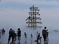 The feast of the main stream the sailboat Cuauhtemoc in the mist of the water mirror