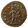 A Roman coin showing Antoninianus of Carinus holding pilum and globe.