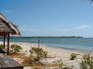 View from Gili Meno to Gili Trawangan with Bali in the background.