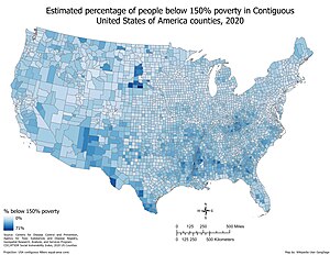 Estimated percentage of people below 150% poverty in Contiguous United States Counties, 2020, unclassified.