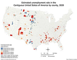 Hotspot map of estimated unemployment rate by county in the contiguous United States in 2020