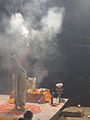 Evening Ganga aarti with incense at Ganga ghat, Varanasi.