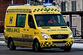 Mercedes-Benz Sprinter from Region Hovedstaden in the new design introduced in late 2009, with "AMBULANCE" in mirror writing ("ECNALUBMA")