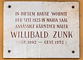 English: Memorial plaque for Willibald Zunk at the west wall Deutsch: Gedenktafel für Willibald Zunk an der West-Wand