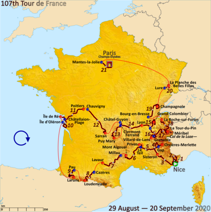 map with description, route of the 2020 Tour de France, Nice → → →