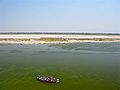 Ganges in the dry season, with crops growing on the banks, Varanasi.