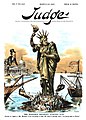 Anti-immigrant cartoon expressing opposition to the construction of Ellis Island (Judge, March 22, 1890) "Mr. Windom, if you are going to make this island a garbage heap, I am returning to France"