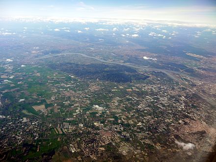 Tarascon, Rhône River and Montagnette (dark green in photo), aerial view