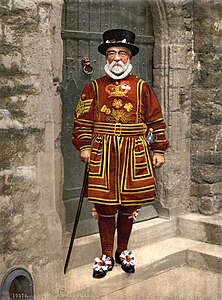 A Yeoman Warder in Tudor State Dress, from a series of Photochrom prints, c. 1890-1900