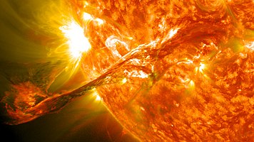 Second place: On August 31, 2012 a long filament of solar material that had been hovering in the Sun's atmosphere, the Corona, erupted out into space at 4:36 p.m. EDT.