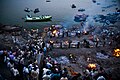 Manikarnika ghat from above, bodies being cremated.