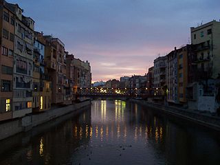 Català: El riu Onyar i el Pont de les Peixeteries Velles. English: The Onyar river and the Pont de les Peixeteries Velles. Italiano: Al tramonto, riflesso delle case sul fiume Onyar e il Ponte dei Vecchi Pescivendoli.