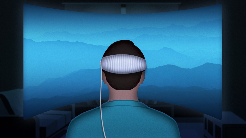 Illustration of a person wearing an Apple Vision Pro headset