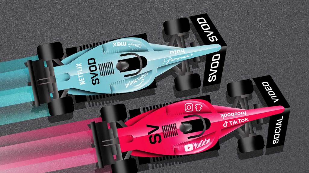 Two race cars racing side by side with one car representing SVOD and the other representing Social Video