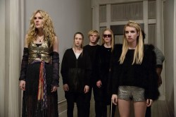 AMERICAN HORROR STORY: COVEN, l-r: Lily Rabe, Taissa Farmiga, Evan Peters, Sarah Paulson, Emma Roberts in 'Go To Hell' (Season 3, Episode 12, aired January 22, 2014). ph: Michele K. Short/©FX Networks/courtesy Everett Collection