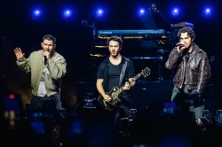 MONTERREY, MEXICO - AUGUST 24: Nick Jonas, Kevin Jonas, and Joe Jonas of Jonas Brothers perform in concert at Arena Monterrey on August 24, 2024 in Monterrey, Mexico. (Photo by Medios y Media/Getty Images)