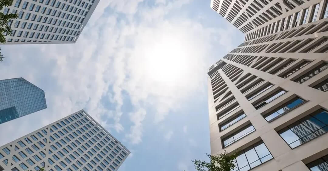 View of a city skyline from below