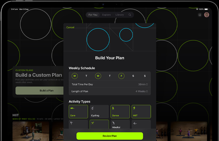 Custom Plan setup screen showing selected days and activity types on iPad