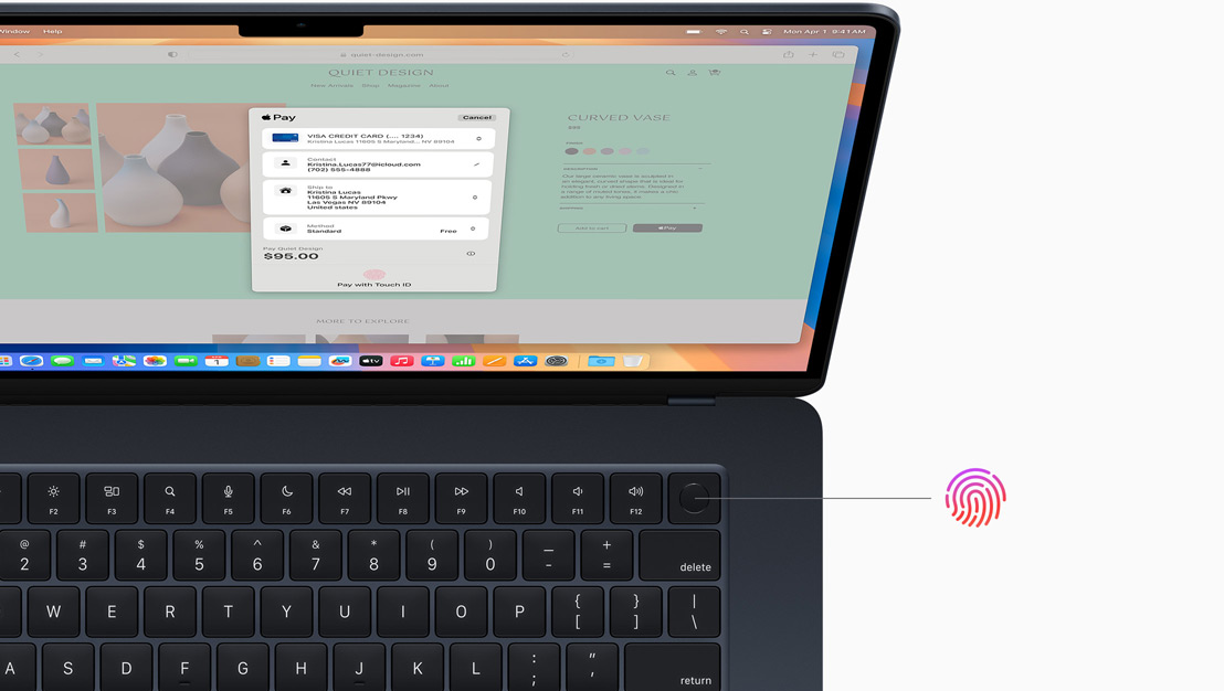 Avoinna oleva tähtimusta MacBook Pro, esittelyssä Touch ID ‑painikkeen sijainti.