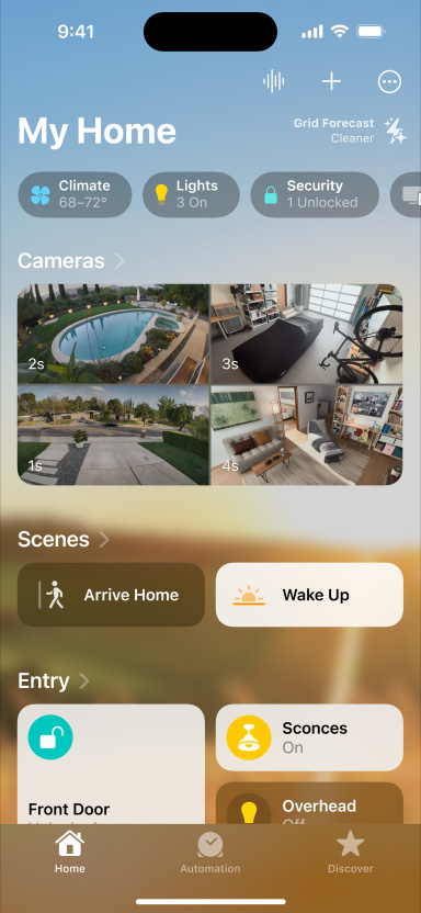 iPhone displaying my home, cameras, scenes, and entry