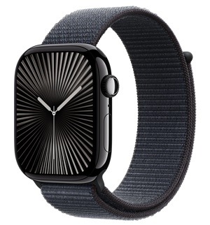 Apple Watch Series 10 with a Jet Black aluminium case and Ink Sport Loop strap.