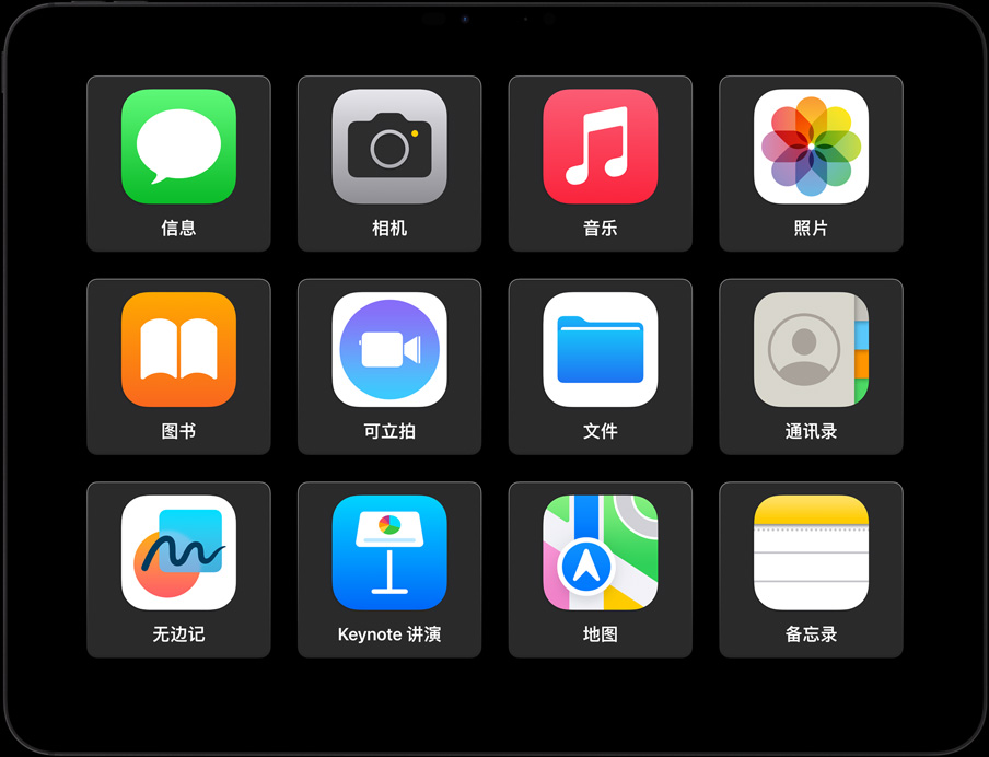 横屏放置的 iPad Pro，屏幕显示辅助访问功能界面，各款 app 以大号图标醒目呈现。