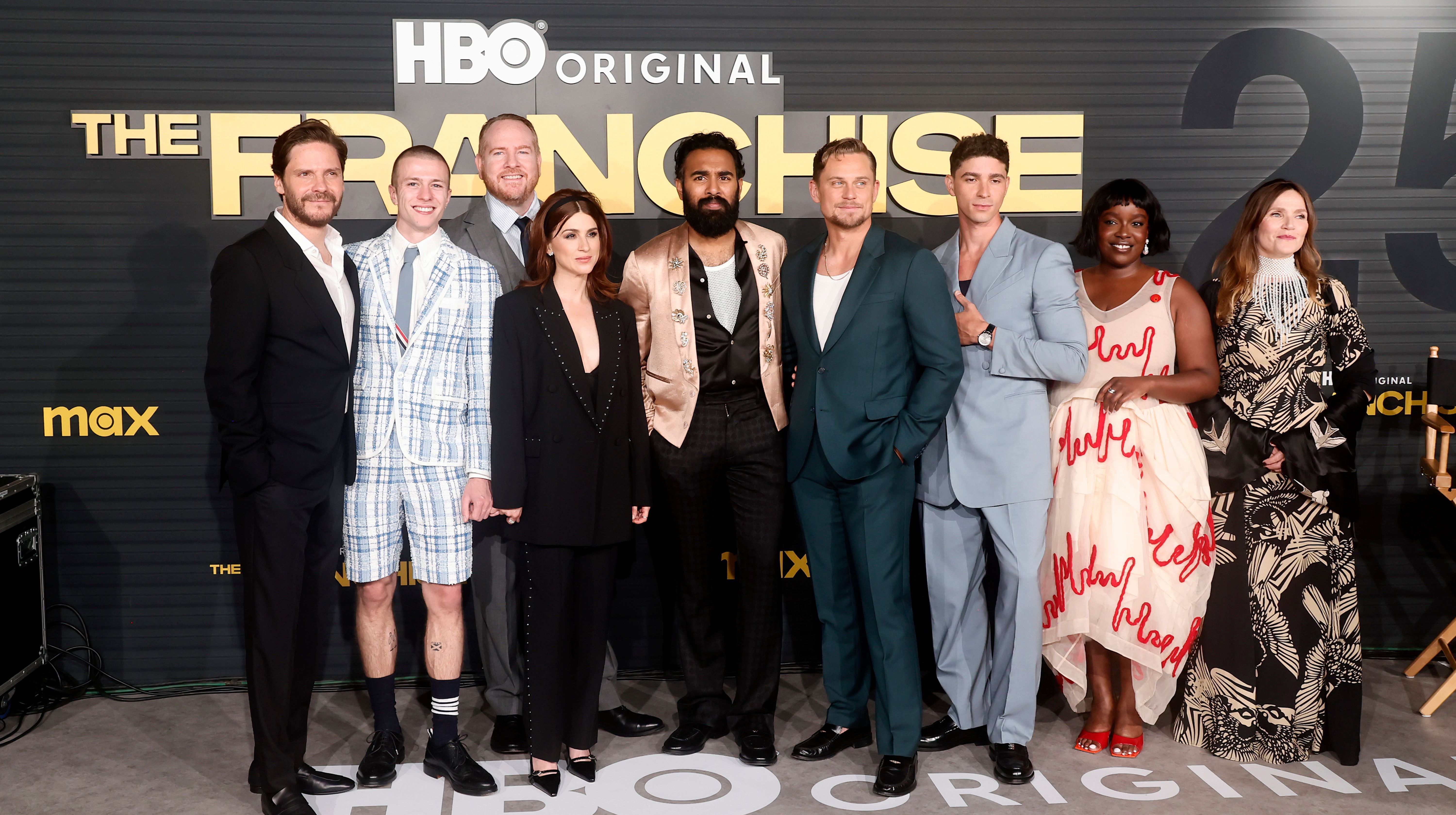 Daniel Brühl, Ruaridh Mollica, Darren Goldstein, Aya Cash, Himesh Patel, Billy Magnussen, Isaac Powell, Lolly Adefope and Jessica Hynes attend the Los Angeles premiere of 'The Franchise' on Oct. 1.