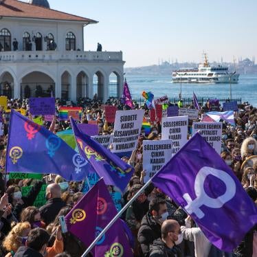 People gathered in Istanbul in March 2021 to protest Turkish President Recep Tayyip Erdoğan's decision to withdraw from the Istanbul Convention, a treaty designed to safeguard women from gender-based violence. 