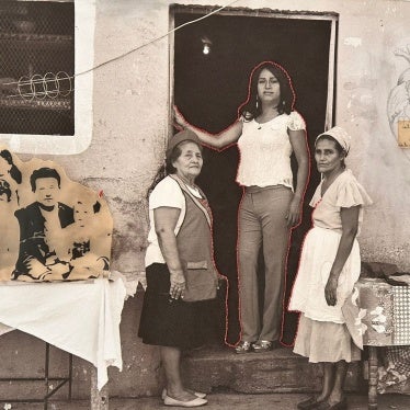 a portrait of Sandra R., a transgender woman, with two family members