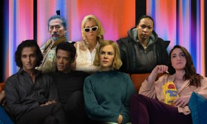 Various TV characters from 2024 sit on a couch, including Nicole Kidman and Kristen Wiig