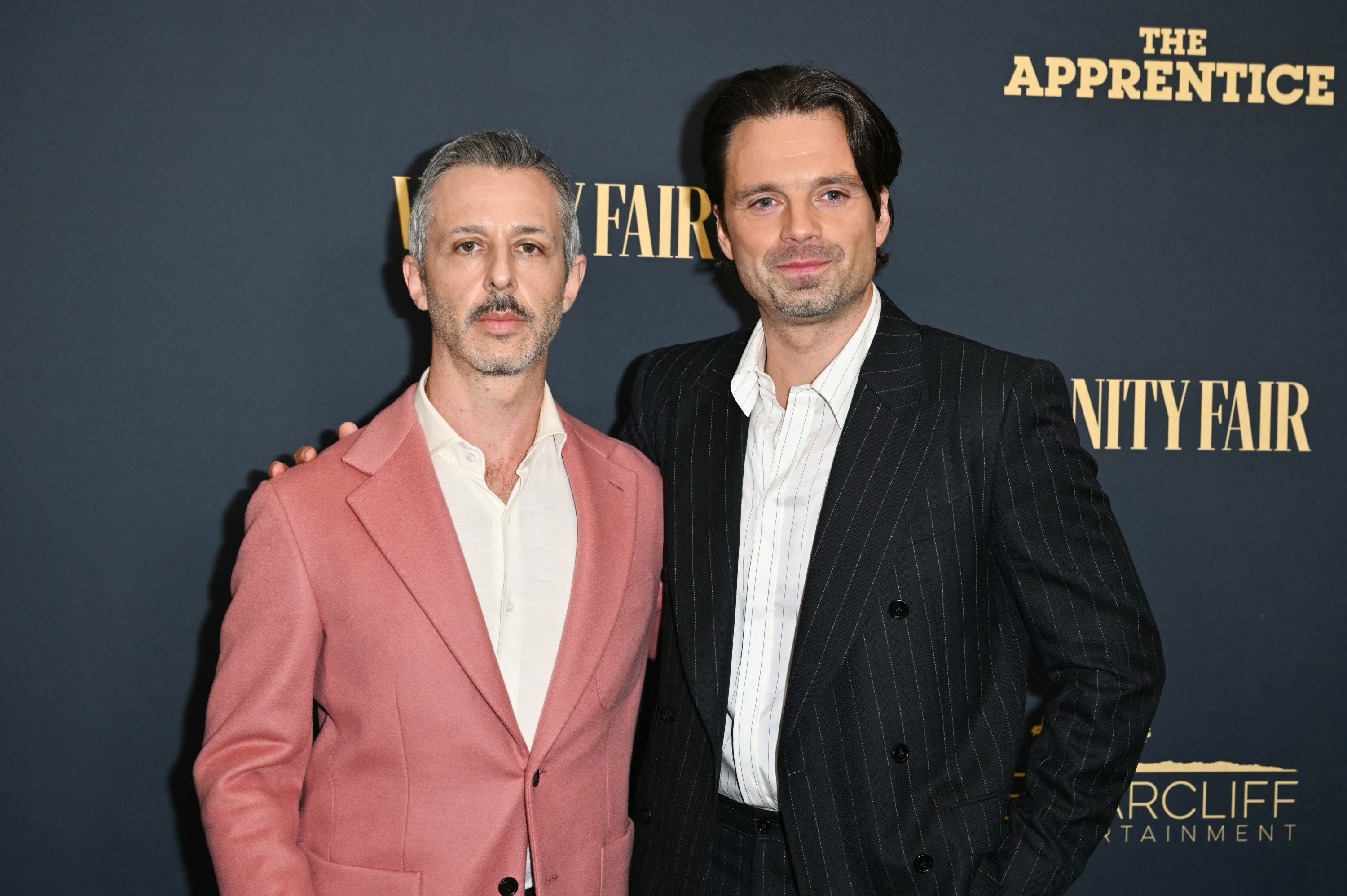 US actor Jeremy Strong (L) and US-Romanian actor Sebastian Stan attend 'The Apprentice' NY premiere at the DGA theatre in New York, October 8, 2024. (Photo by ANGELA WEISS / AFP) (Photo by ANGELA WEISS/AFP via Getty Images)