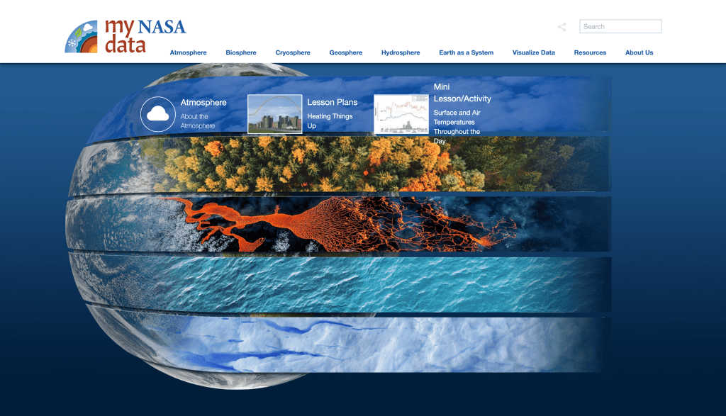 Screen capture of the My NASA Data homepage. Graphic has a blue background with an image of the Earth and rows across half of the picture representing water, sea ice, forests, clouds, and lava. Words at the top list the content categories.