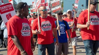 Members of the International Brotherhood of Teamsters union strike over pay at an oil refinery in Detroit, Michigan