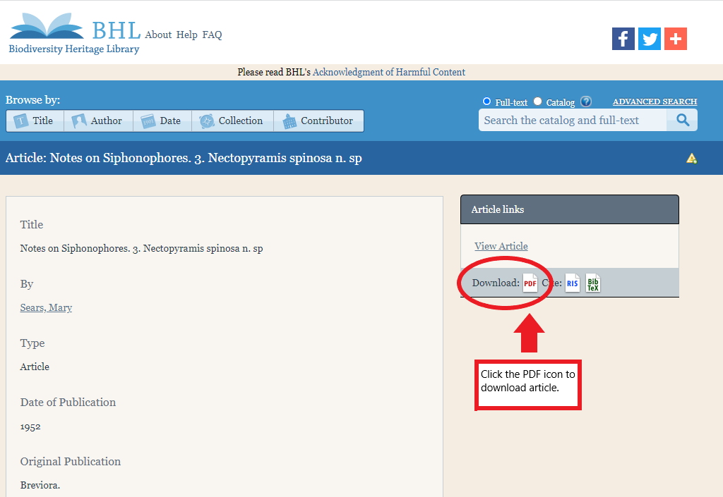Screenshot of Biodiversity Heritage Library article landing pace highlighting the new Download PDF icon.