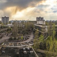 Wide angle view of Pripyat from Polissya Hotel. Chernobyl nuclear power plant zone of alienation.