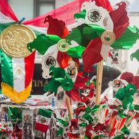 Merchandise for sale for Mexican Independence Day, Mexico City, Mexico. (souvenirs)