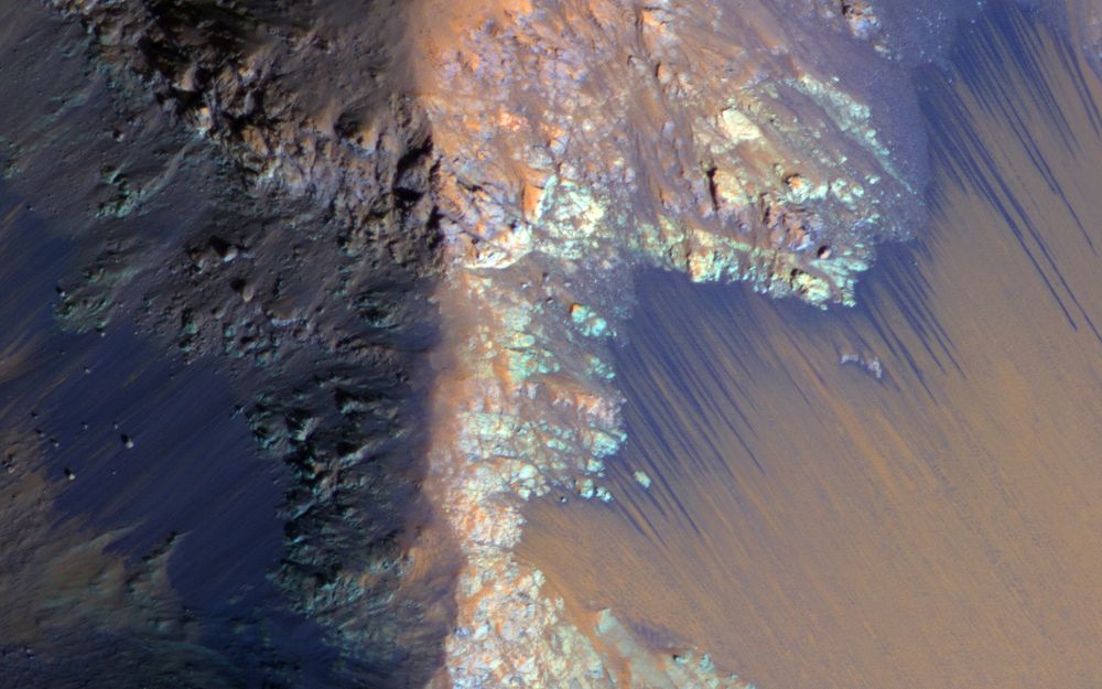 Recurring slope lineae (RSL) may be due to active seeps of water. These dark flows are abundant along the steep slopes of ancient bedrock in Coprates Chasma. Mars