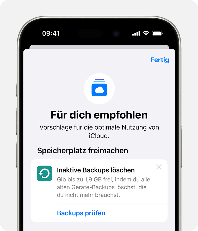 iPhone-Bildschirm mit den Vorschlägen von „Für dich empfohlen“ in den iCloud-Einstellungen.