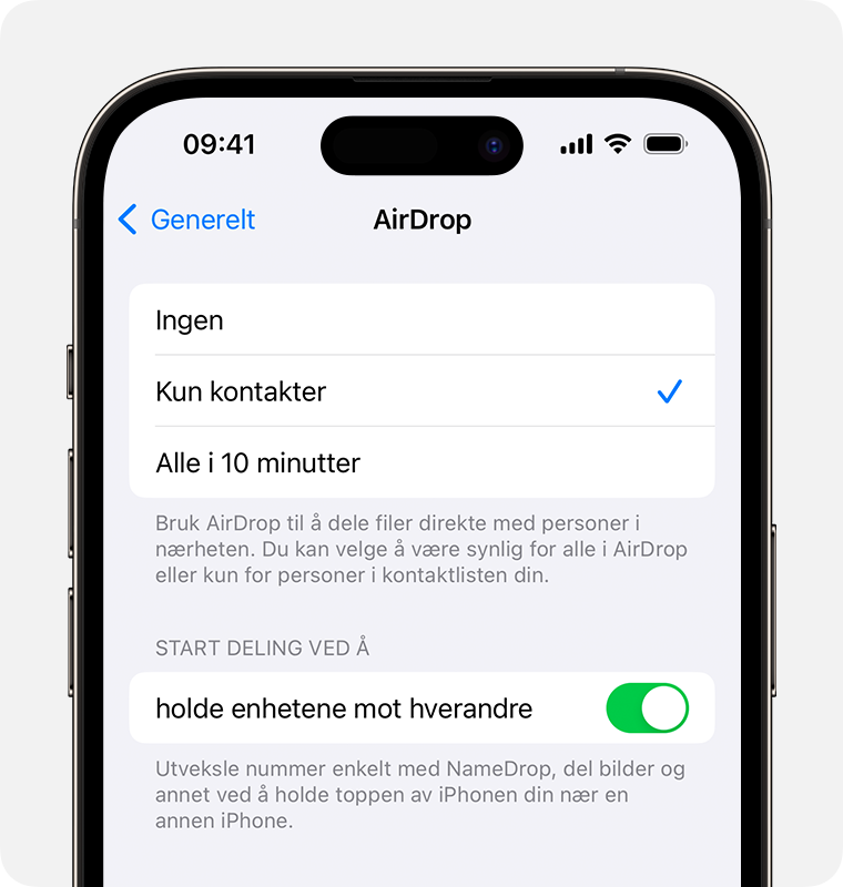 En iPhone som viser AirDrop-innstillingene med Kun kontakter-valgt.