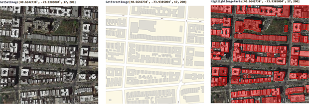 Comparisons of satellite images with street maps to identify buildings