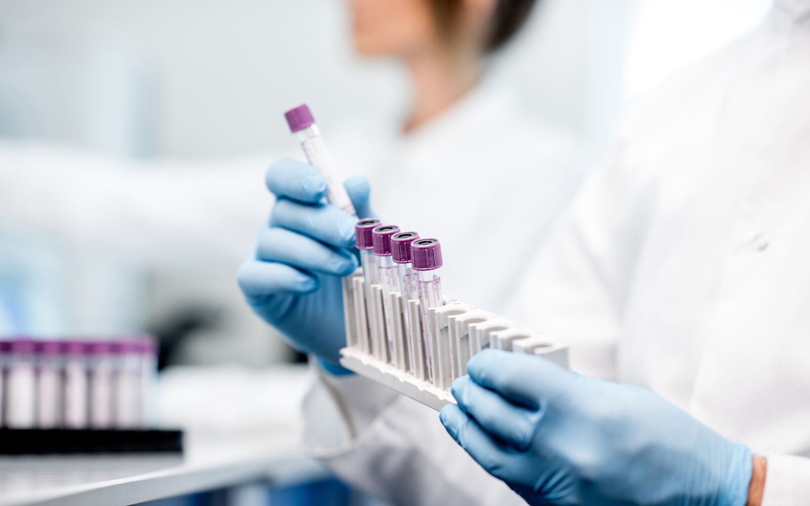 Laboratory assistant putting test tubes into the holder, Close-up view focused on the tubes