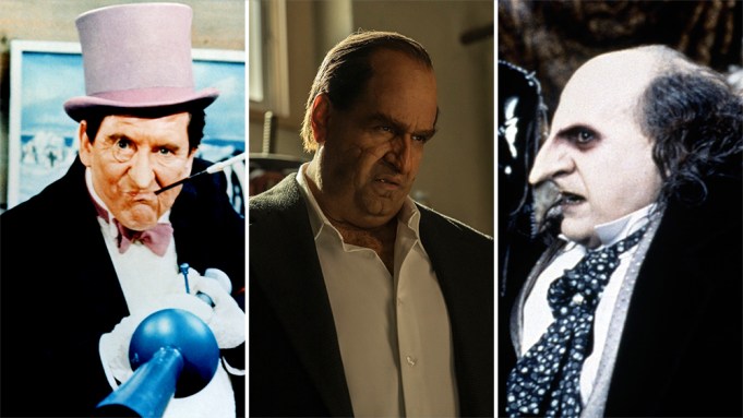 L-R: Burgess Meredith, Colin Farrell and Danny DeVito as The Penguin in their various projects