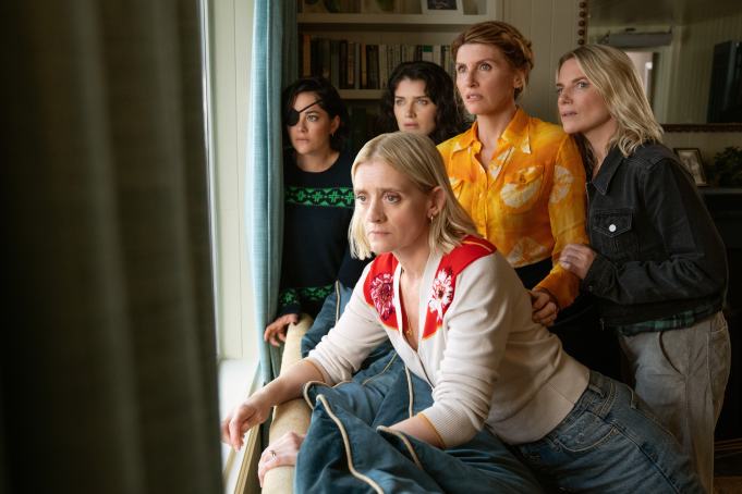 L-R background: Sarah Greene, Eve Hewson, Sharon Horgan and Eva Birthistle - Centered: Anne-Marie Duff in 'Bad Sisters'