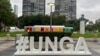 (FILE) The hashtag “#UNGA” sign is shown outside the U.N. General Assembly Hall at the United Nations, Saturday, Sept. 23, 2023.