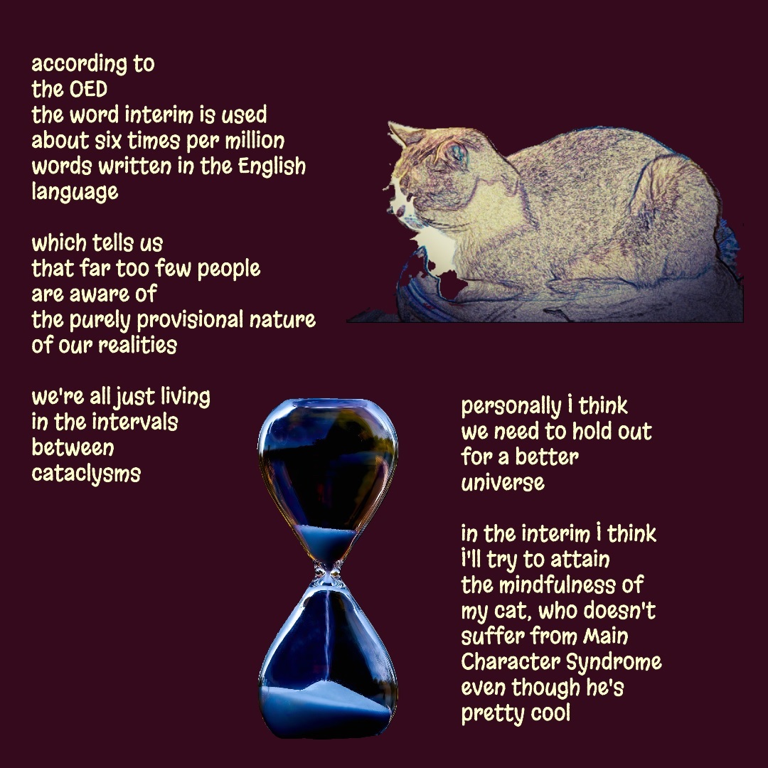 TJ the cat snoozing and an hourglass, plus some poetry. By DG. Do I have to do everything around here?