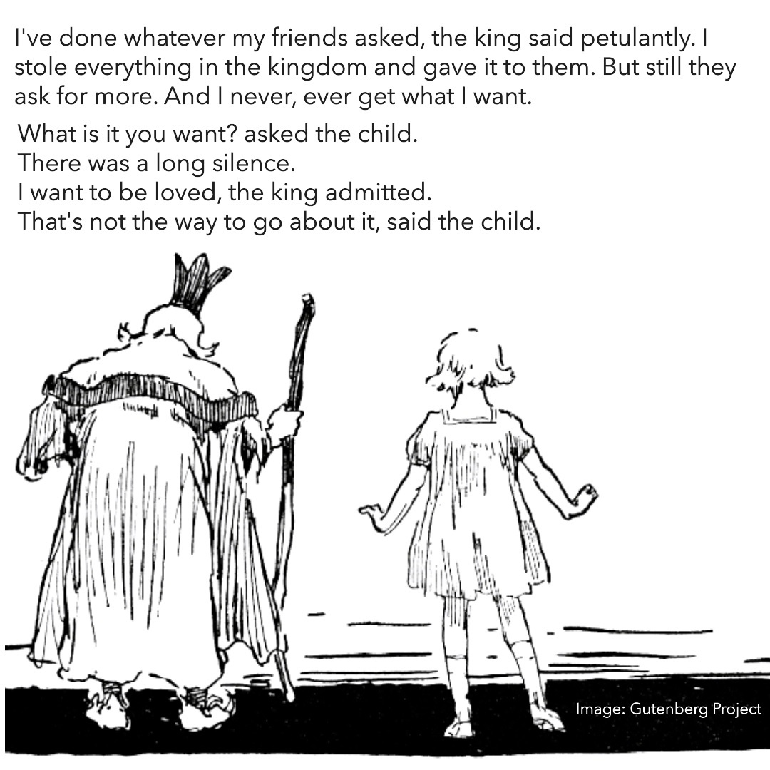 A king and a little girl contemplating some obstacle or other. I got this out of a Gutenberg Project edition of one of the Oz novels by Frank Baum. Public domain is a wonderful thing when you can't draw.