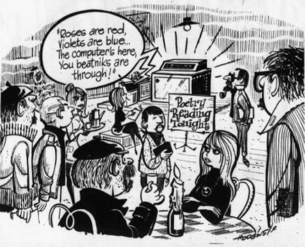 Cartoon from the Sunday Star in 1962. A computer recites a taunting rhyme to a group of beatniks.