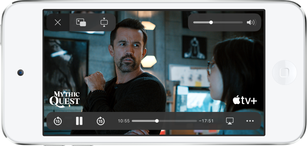 Bir film oynatılıyor ve denetimler gösteriliyor. Kapat, Resim İçinde Resim ve Büyüt düğmeleri sol üstte. Ses yüksekliği sürgüsü sağ üstte. Sol altta 15 saniye geriye atlama, duraklatma ve 15 saniye ileriye atlama düğmeleri var. Alt orta tarafta, video konumunu ayarlamak için sürükleyebileceğiniz bir sürgü var; sürgünün yanlarında geçen süre ve kalan süre görünüyor. Sağ altta video hedefini değiştirme ve daha fazla denetim gösterme düğmeleri var.